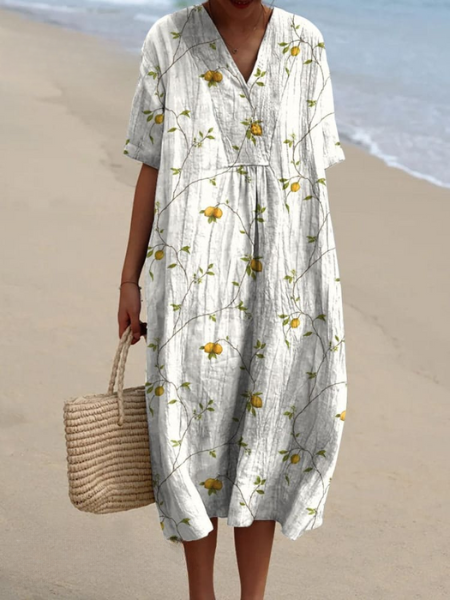 Femme Robe Midi Courte Manches Courtes col V à Imprimé Floral