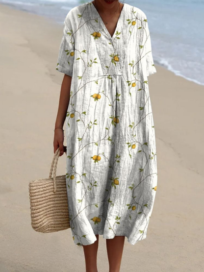 Femme Robe Midi Courte Manches Courtes col V à Imprimé Floral