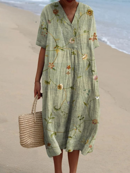 Femme Robe Midi Courte Manches Courtes col V à Imprimé Floral