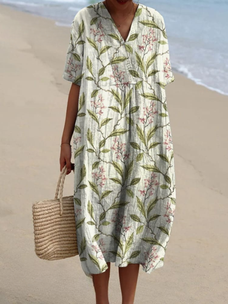 Femme Robe Midi Courte Manches Courtes col V à Imprimé Floral