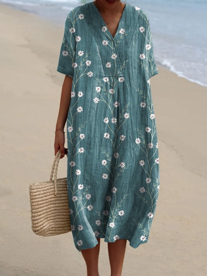 Femme Robe Midi Courte Manches Courtes col V à Imprimé Floral
