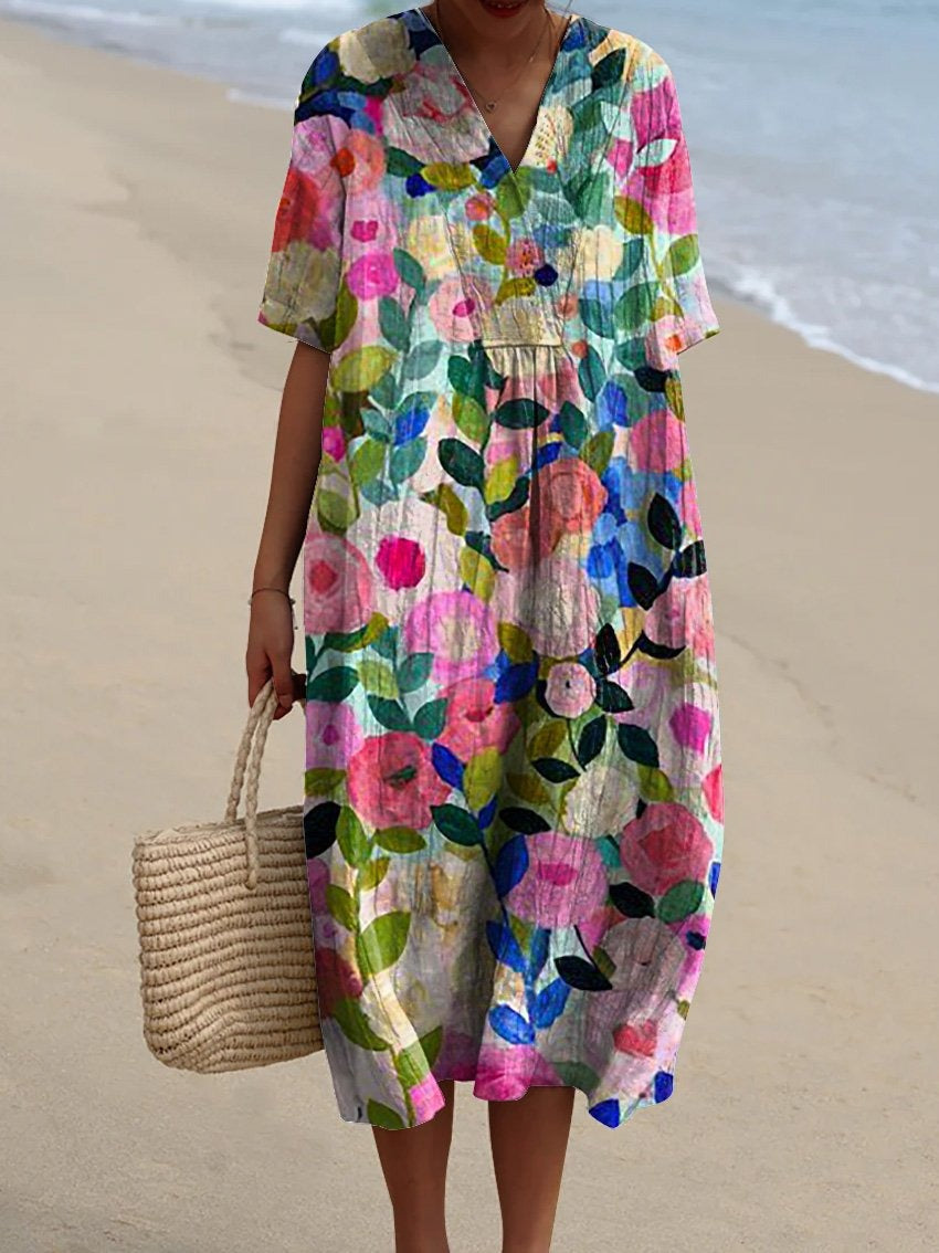 Femme Robe Midi Courte Manches Courtes col V à Imprimé Floral
