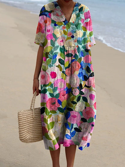 Femme Robe Midi Courte Manches Courtes col V à Imprimé Floral