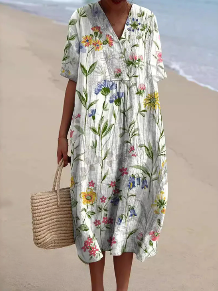 Femme Robe Midi Courte Manches Courtes col V à Imprimé Floral