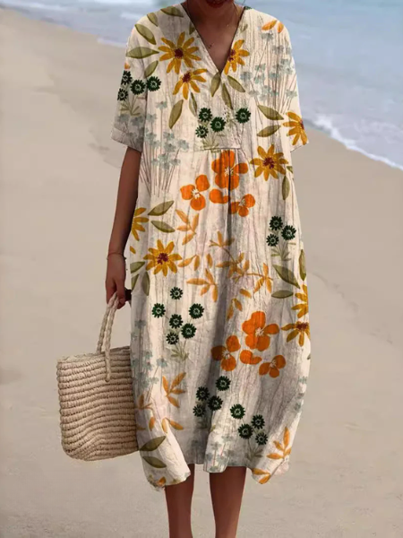 Femme Robe Midi Courte Manches Courtes col V à Imprimé Floral