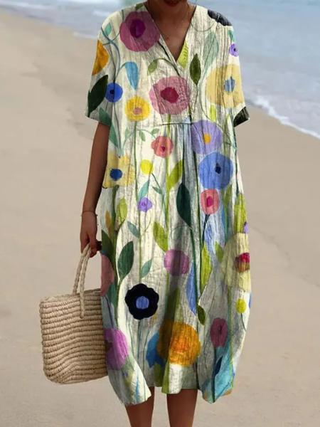 Femme Robe Midi Courte Manches Courtes col V à Imprimé Floral