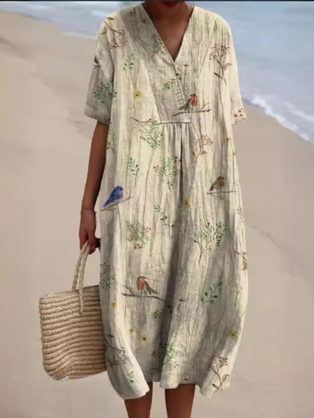 Femme Robe Midi Courte Manches Courtes col V à Imprimé Floral