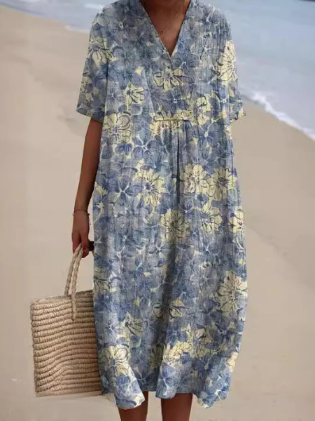 Femme Robe Midi Courte Manches Courtes col V à Imprimé Floral