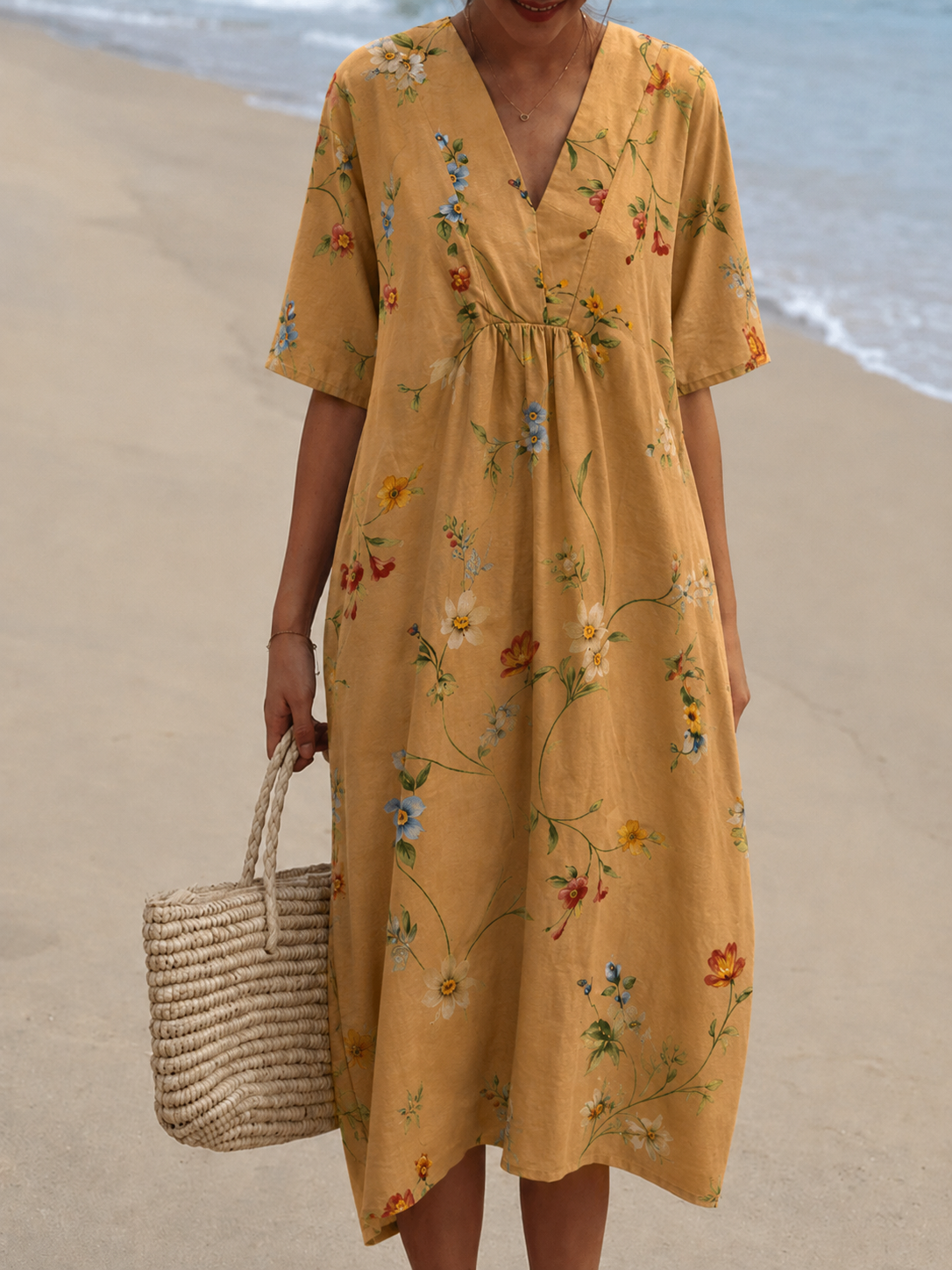 Femme Robe Midi Courte Manches Courtes col V à Imprimé Floral