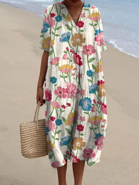 Femme Robe Midi Courte Manches Courtes col V à Imprimé Floral