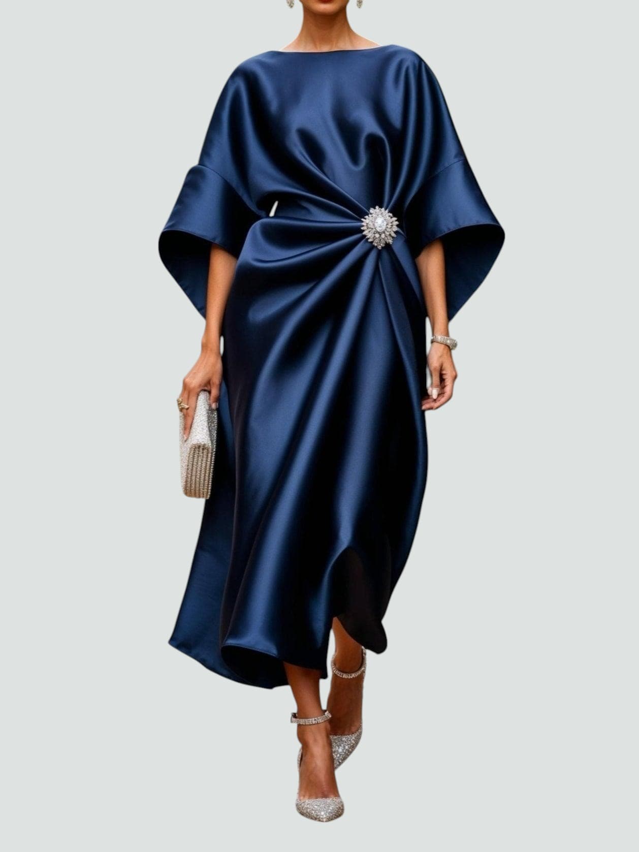 Femme Robe Midi de Soirée avec Manches Kimono et Broche Ornementale