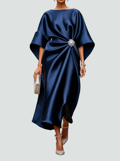 Femme Robe Midi de Soirée avec Manches Kimono et Broche Ornementale