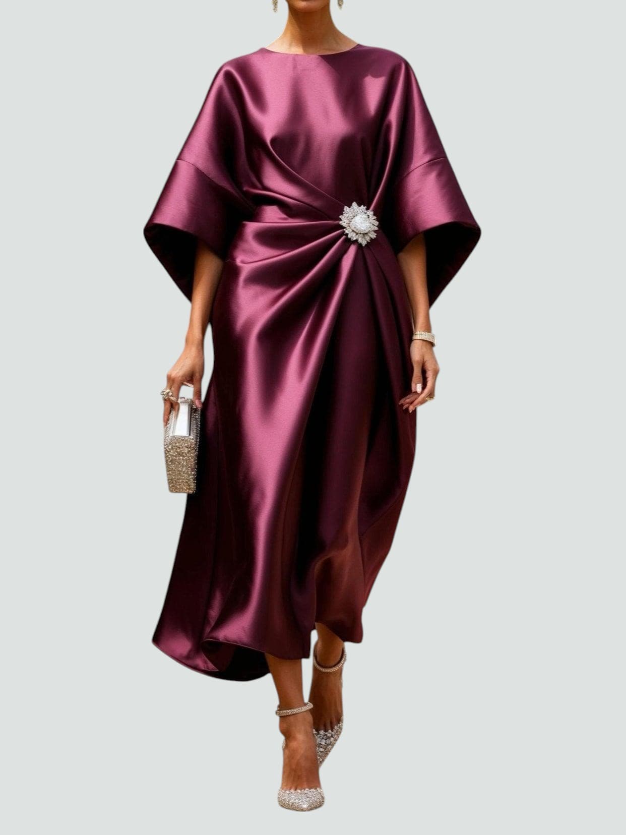 Femme Robe Midi de Soirée avec Manches Kimono et Broche Ornementale