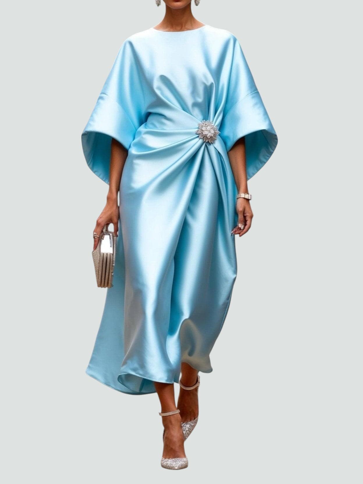Femme Robe Midi de Soirée avec Manches Kimono et Broche Ornementale