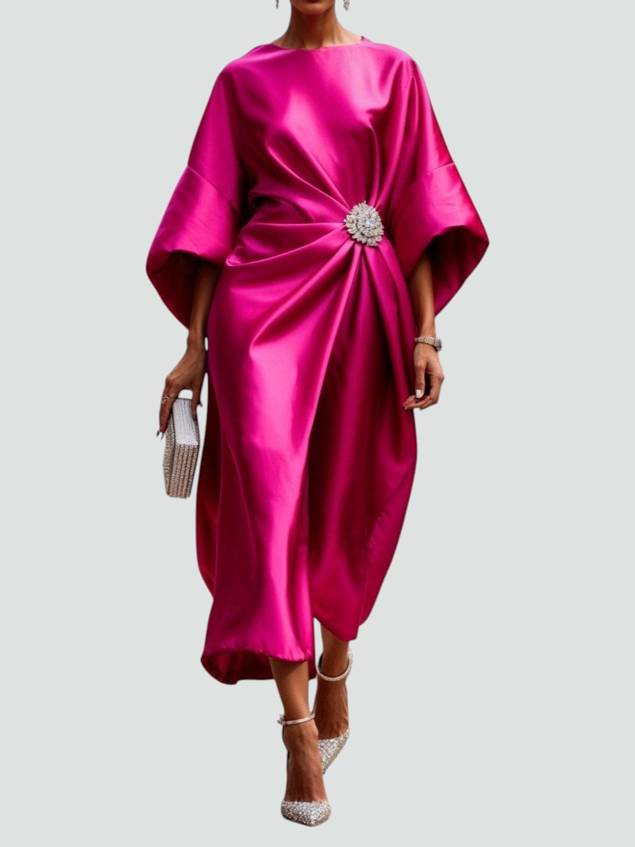 Femme Robe Midi de Soirée avec Manches Kimono et Broche Ornementale