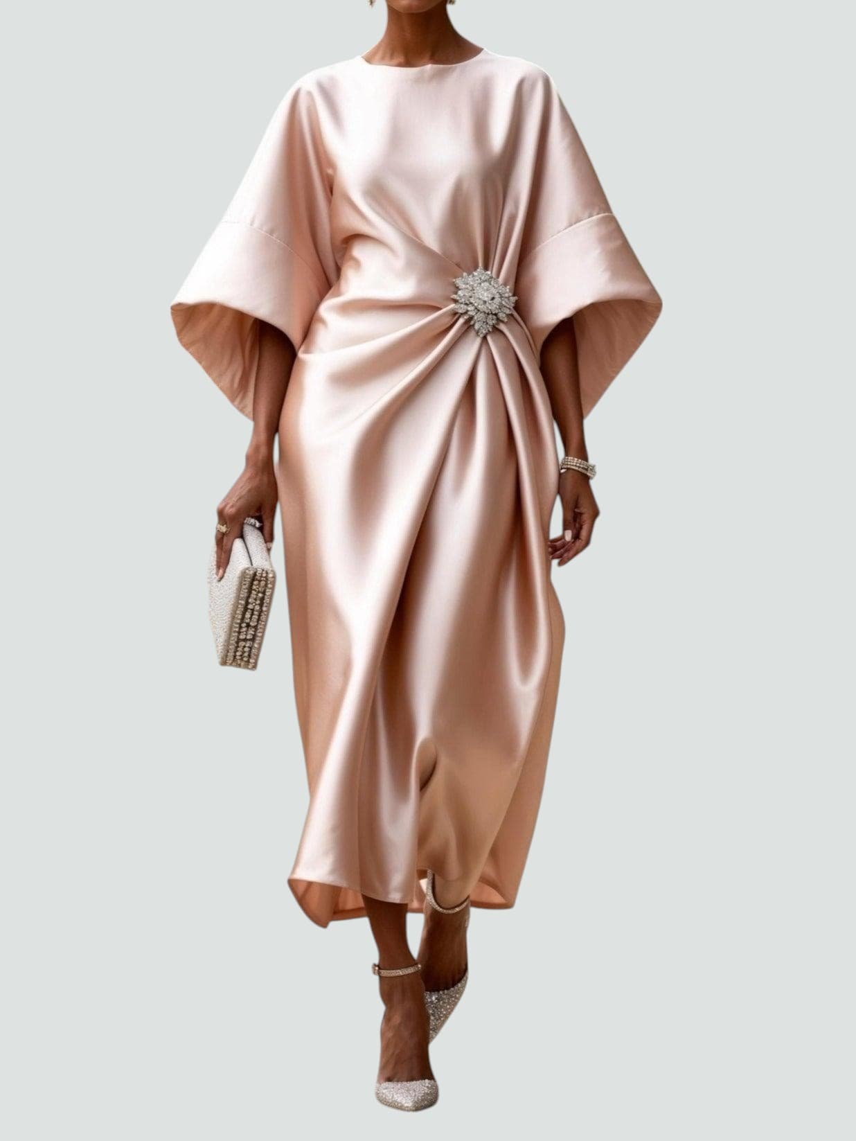 Femme Robe Midi de Soirée avec Manches Kimono et Broche Ornementale