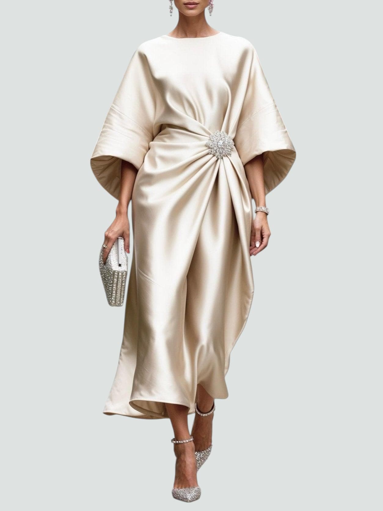 Femme Robe Midi de Soirée avec Manches Kimono et Broche Ornementale