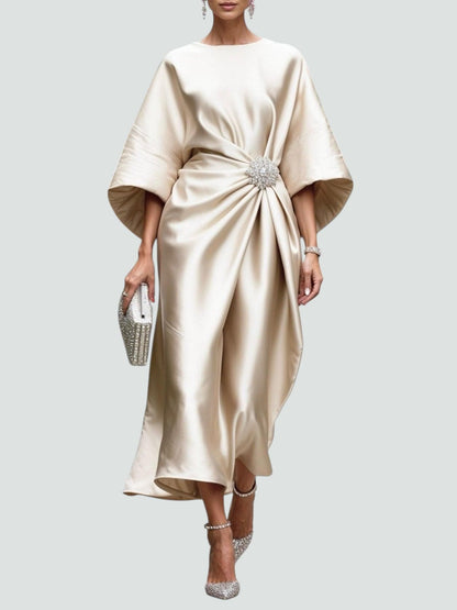 Femme Robe Midi de Soirée avec Manches Kimono et Broche Ornementale