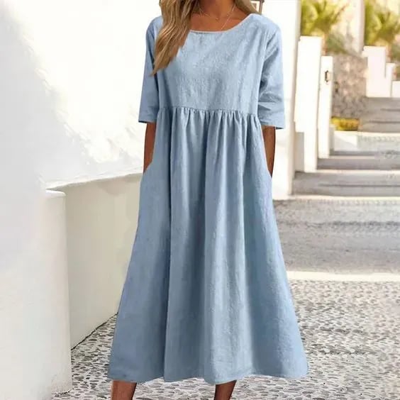 Femme Robe Midi Décontractée col Rond Manches Trois-Quarts avec Poches
