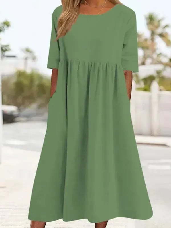 Femme Robe Midi Décontractée col Rond Manches Trois-Quarts avec Poches