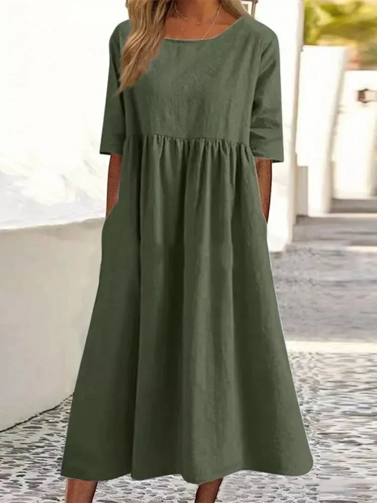 Femme Robe Midi Décontractée col Rond Manches Trois-Quarts avec Poches
