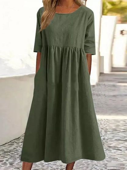 Femme Robe Midi Décontractée col Rond Manches Trois-Quarts avec Poches