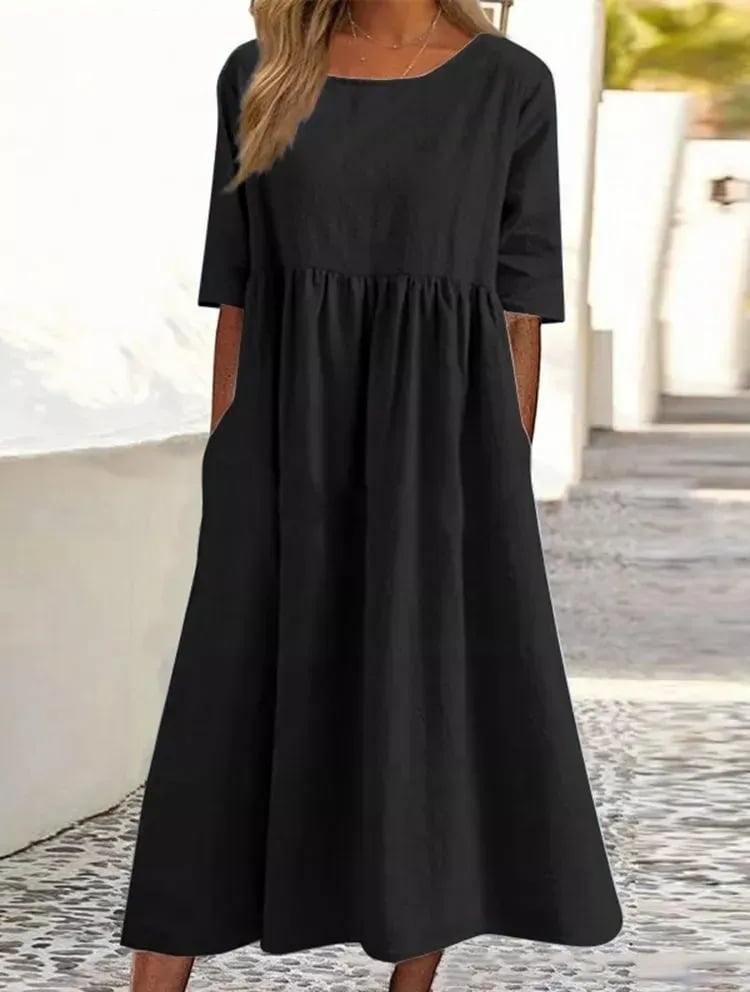 Femme Robe Midi Décontractée col Rond Manches Trois-Quarts avec Poches
