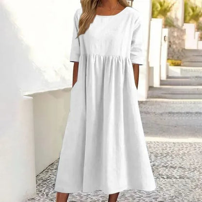 Femme Robe Midi Décontractée col Rond Manches Trois-Quarts avec Poches