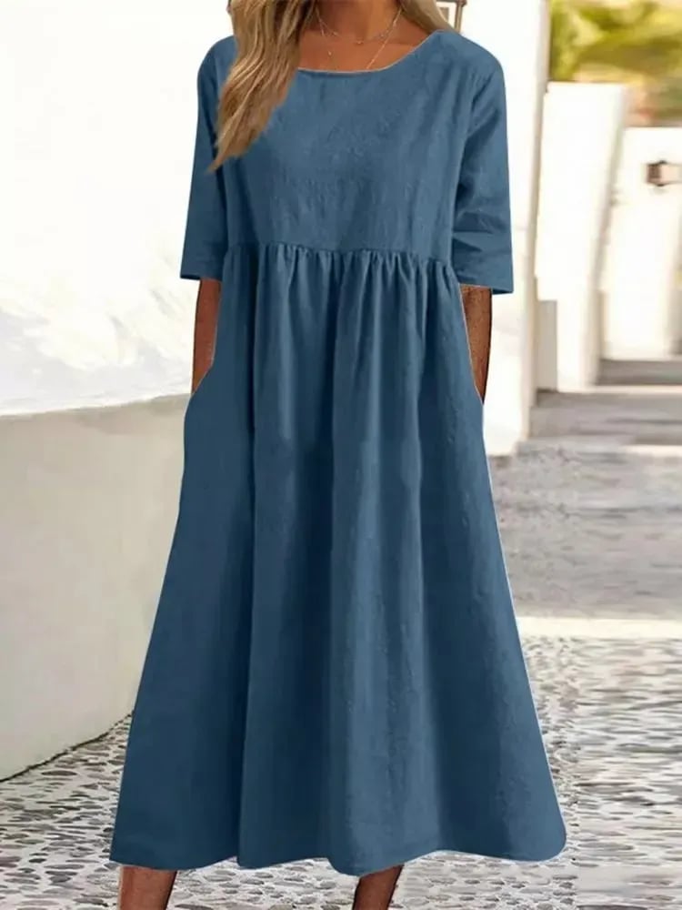 Femme Robe Midi Décontractée col Rond Manches Trois-Quarts avec Poches