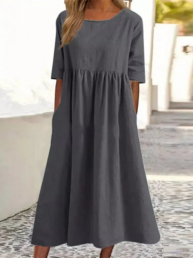Femme Robe Midi Décontractée col Rond Manches Trois-Quarts avec Poches