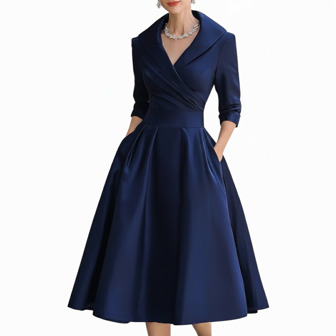 Femme Robe Midi Évasée à Col V Croisé et Manches Trois-quarts avec Poches