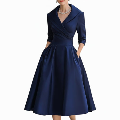 Femme Robe Midi Évasée à Col V Croisé et Manches Trois-quarts avec Poches