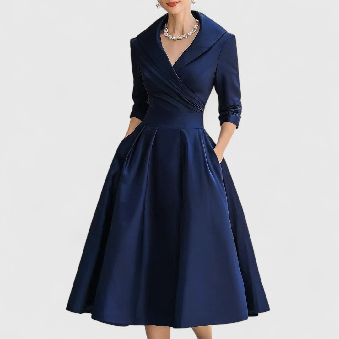 Femme Robe Midi Évasée à Col V Croisé et Manches Trois-quarts avec Poches