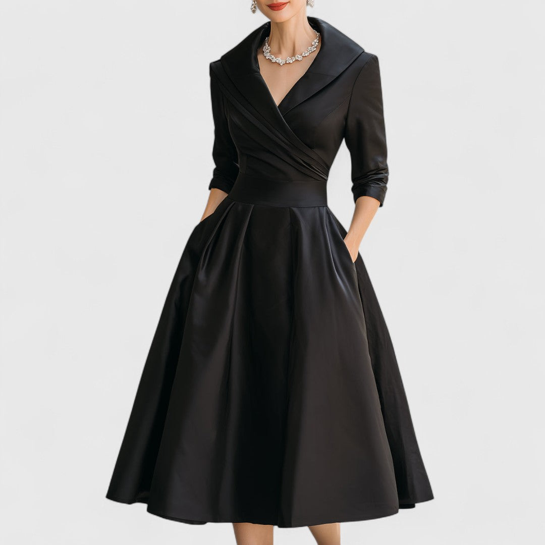 Femme Robe Midi Évasée à Col V Croisé et Manches Trois-quarts avec Poches
