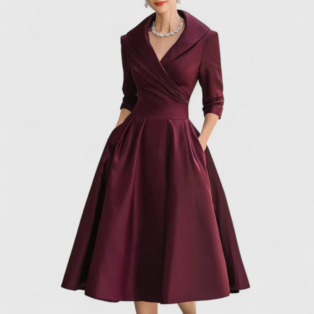 Femme Robe Midi Évasée à Col V Croisé et Manches Trois-quarts avec Poches