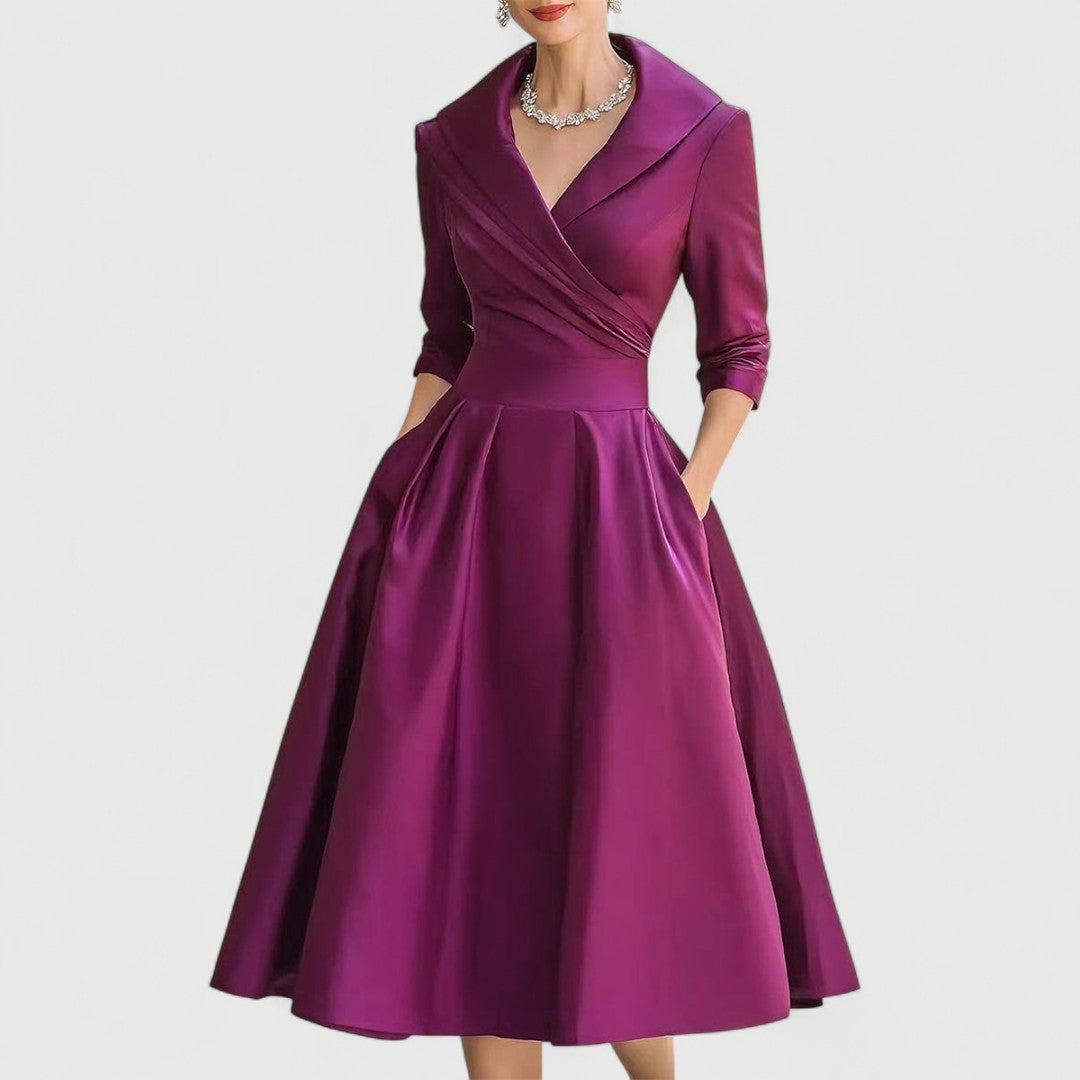 Femme Robe Midi Évasée à Col V Croisé et Manches Trois-quarts avec Poches