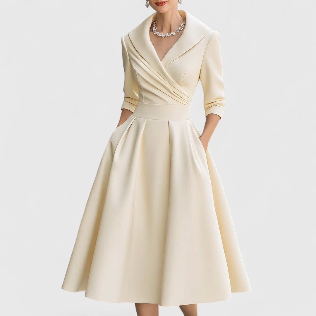 Femme Robe Midi Évasée à Col V Croisé et Manches Trois-quarts avec Poches
