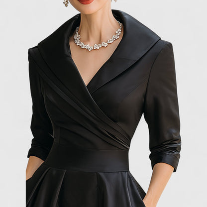 Femme Robe Midi Évasée à Col V Croisé et Manches Trois-quarts avec Poches