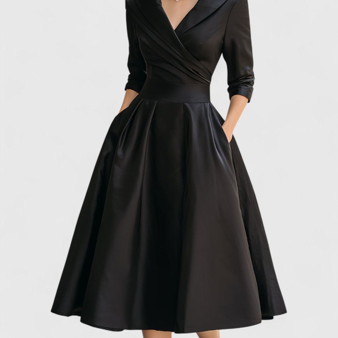 Femme Robe Midi Évasée à Col V Croisé et Manches Trois-quarts avec Poches
