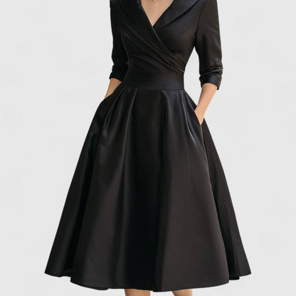 Femme Robe Midi Évasée à Col V Croisé et Manches Trois-quarts avec Poches