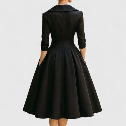 Femme Robe Midi Évasée à Col V Croisé et Manches Trois-quarts avec Poches