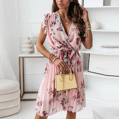 Femme Robe Midi Fleurie à Col Enveloppant avec Manches Volantées et Jupe Plissée