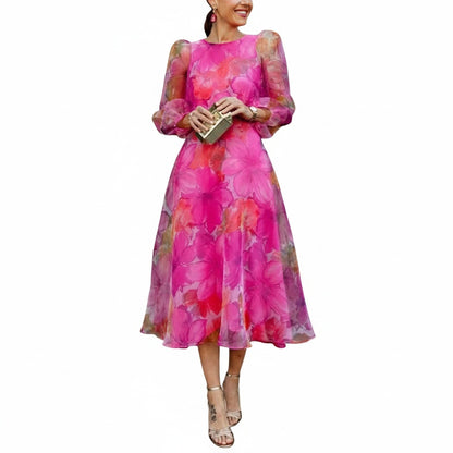 Femme Robe Midi Florale à Col Rond et Manches Longues Bouffantes en A-ligne