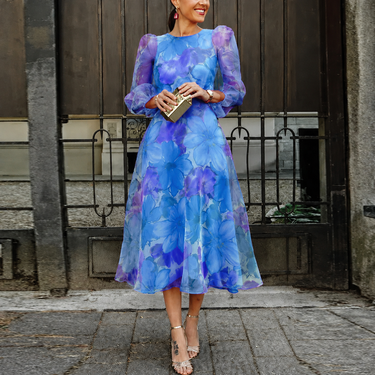 Femme Robe Midi Florale à Col Rond et Manches Longues Bouffantes en A-ligne