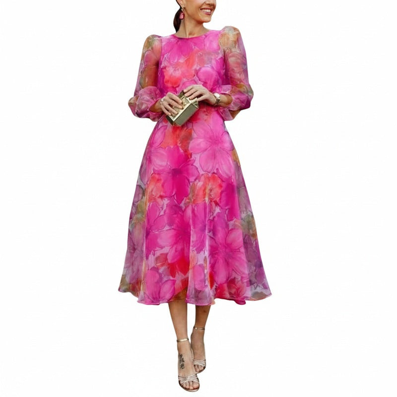 Femme Robe Midi Florale à Col Rond et Manches Longues Vaporeuses en Ligne A