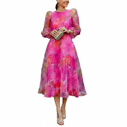 Femme Robe Midi Florale à Col Rond et Manches Longues Vaporeuses en Ligne A