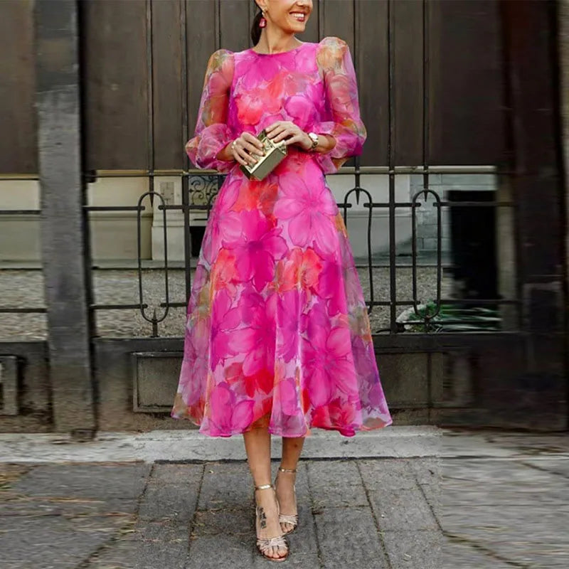 Femme Robe Midi Florale à Col Rond et Manches Longues Vaporeuses en Ligne A