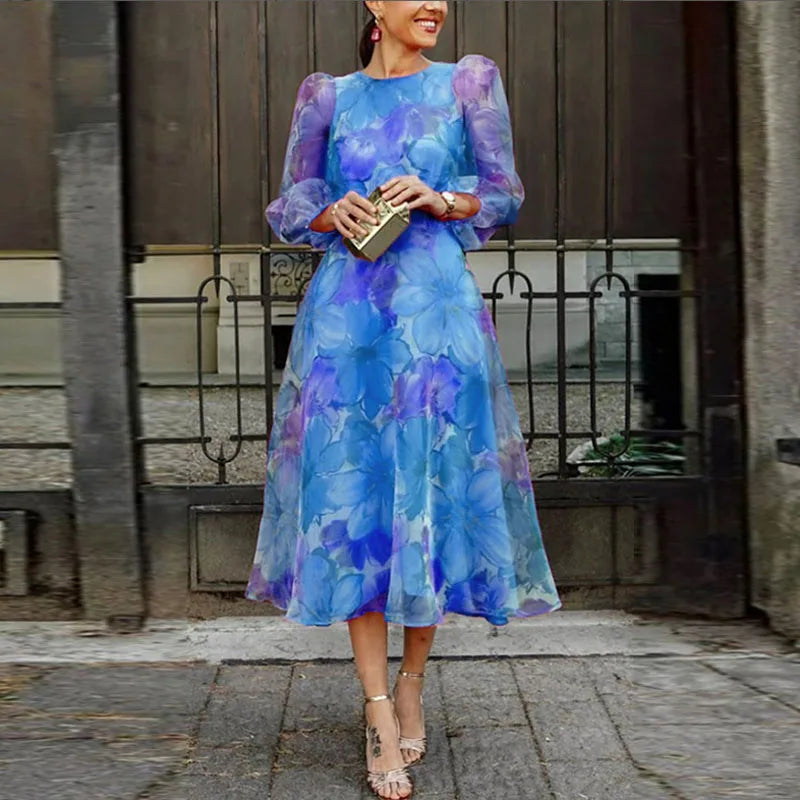 Femme Robe Midi Florale à Col Rond et Manches Longues Vaporeuses en Ligne A
