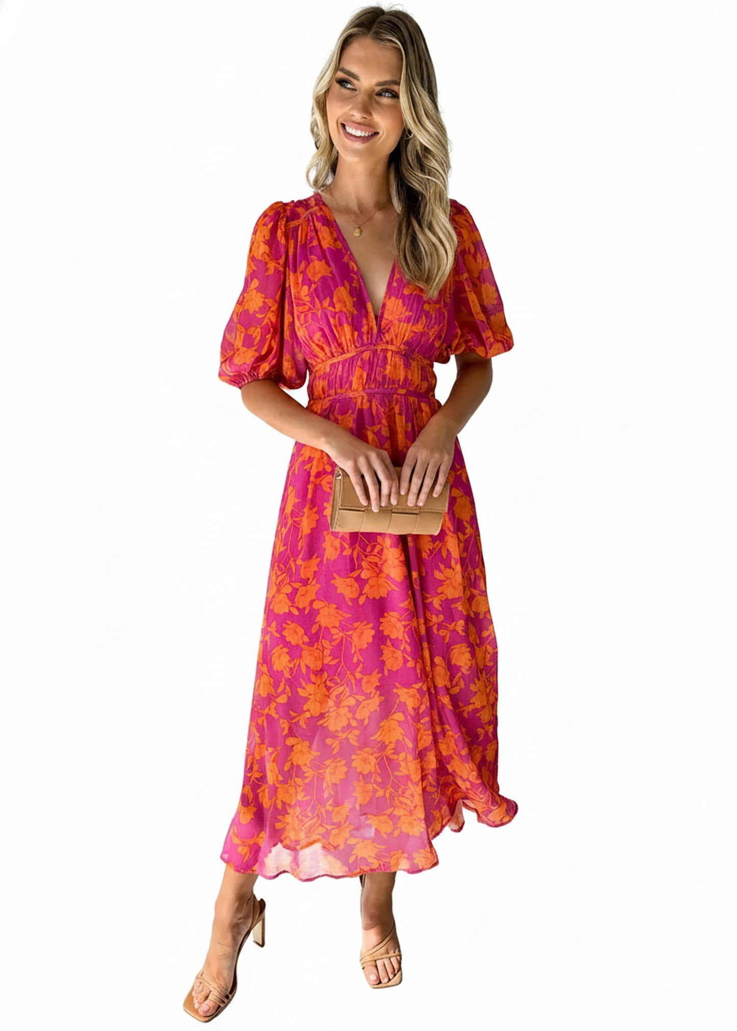Femme Robe Midi Florale à Manches Bouffantes et Col V
