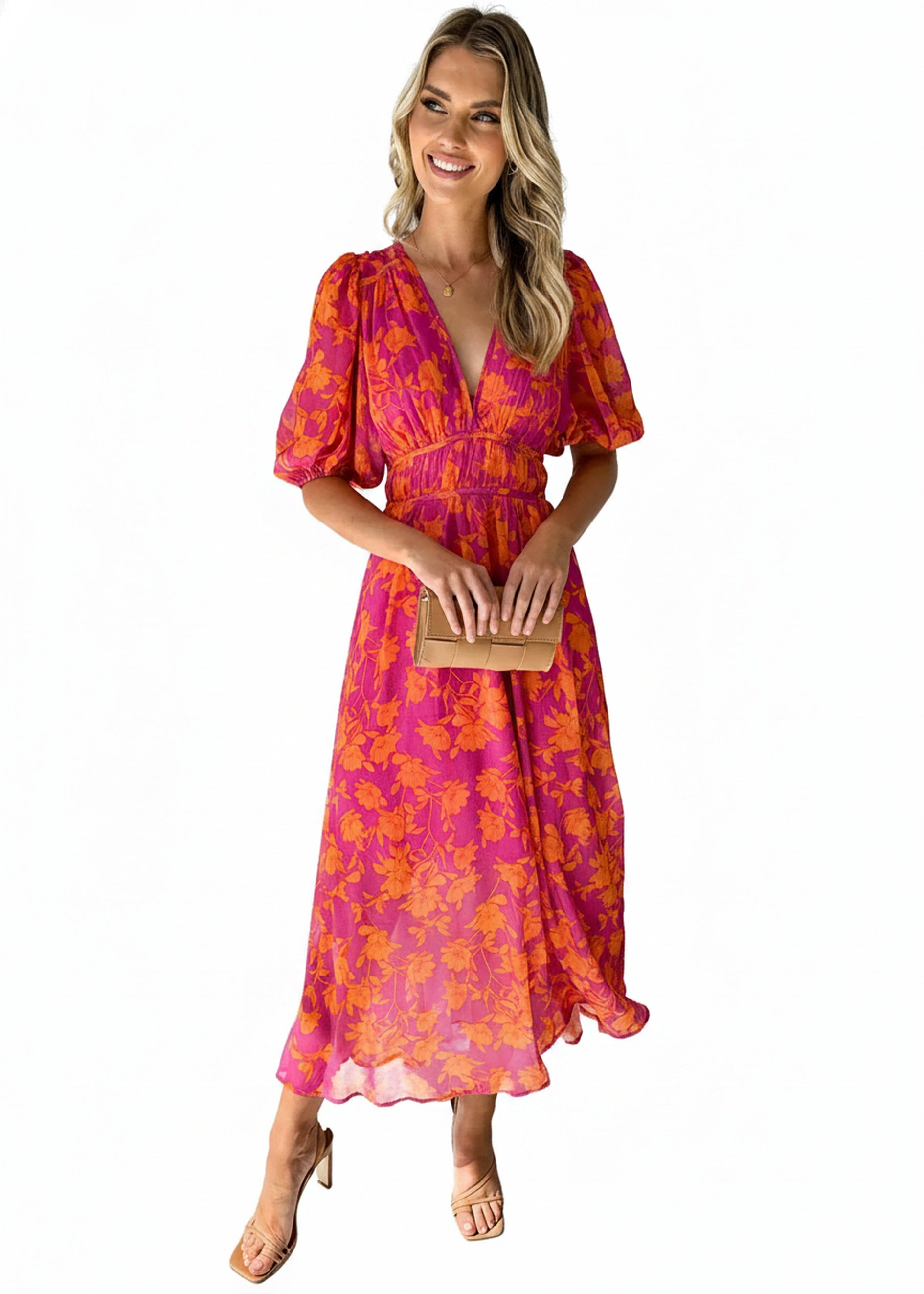 Femme Robe Midi Florale à Manches Bouffantes et Col V